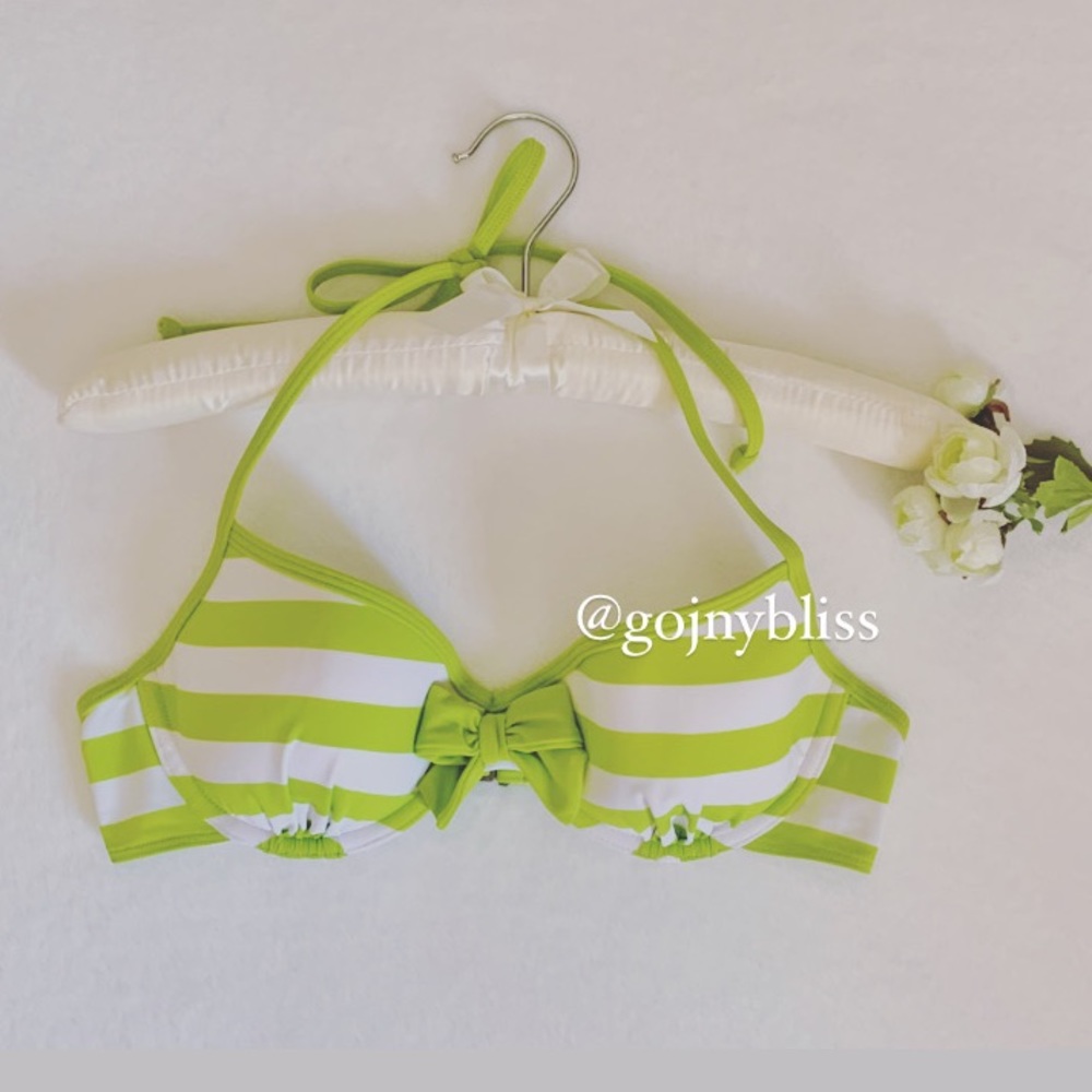 Hollister • Lime Green White Stripes Underwire Plunge Bikini Top Jr L (NWOT)